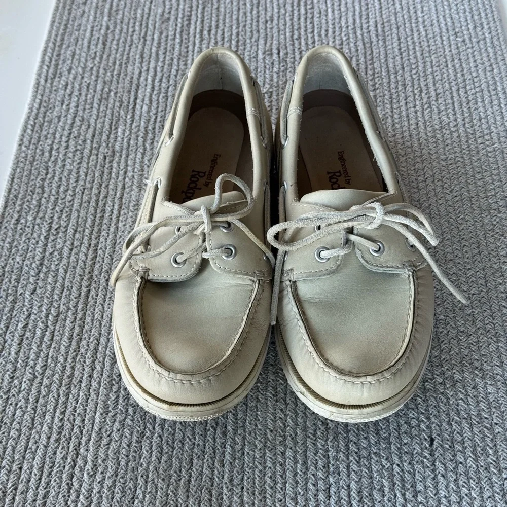 Vintage Rockport Tan Cream Leather Boat Shoes Loafers Size 9.5